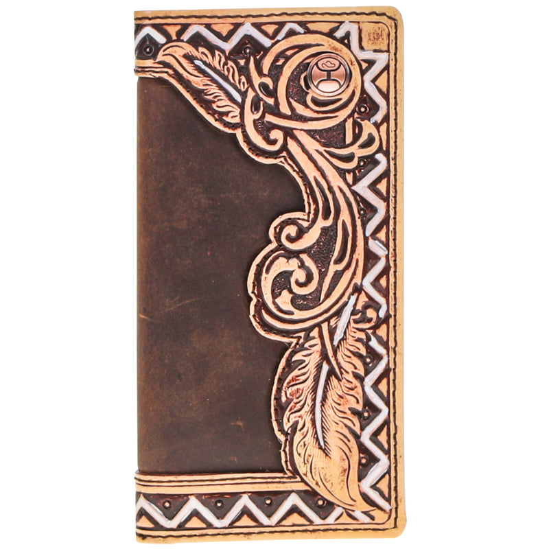 "War Paint" Brown/Tan Hand Tooled Aztec Feather Filigree Rodeo Checkbook Wallet