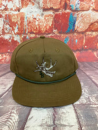 Thumbnail for Speckle Bellies Antler Rope Tobacco Color Cap featuring a rustic antler rope design on a 100% cotton base in a earthy tobacco color. Crafted with durable 550 Paracord, mid-crown style, and an adjustable snapback closure for a versatile and stylish outdoor accessory. One Size Fits Most.