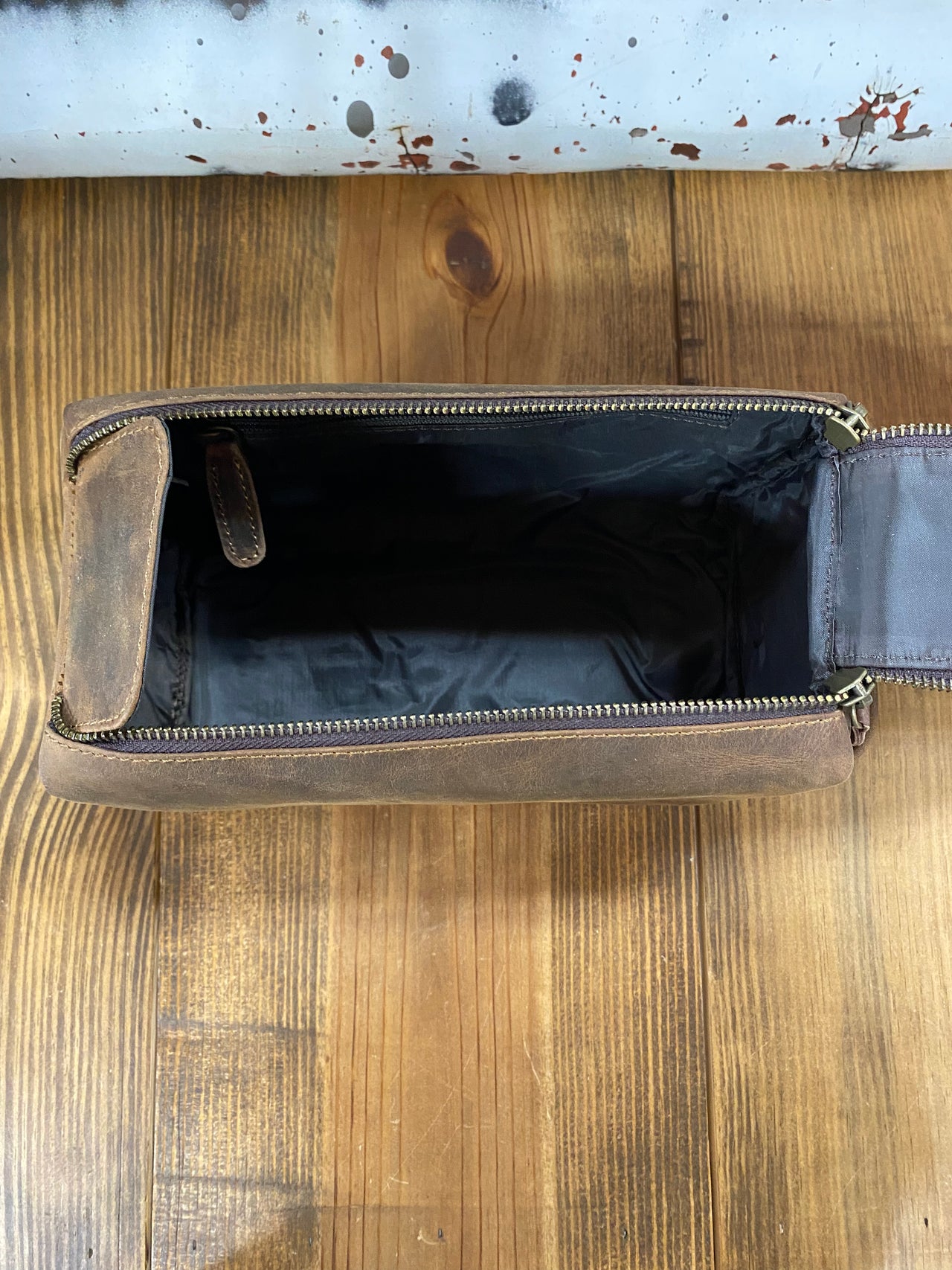 Brown Leather Double Zipper Medium Toiletry Bag