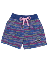 Thumbnail for A pair of Properly Tied Youth - Boys Shordee Malibu Wave Swim Trunks laid out on a white surface. The swim trunks feature a vibrant wave pattern in shades of blue and teal, with an elastic waistband for a comfortable fit. The image also includes a matching straw hat in the background, available in both youth and adult sizes.