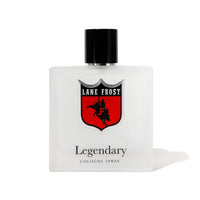 Thumbnail for A 3.4 fl oz glass bottle of Legendary by Lane Frost Brand fragrance. The scent is fresh and masculine, featuring top notes of Cashmere Woods, Grapefruit, and Bergamot, mid notes of Lavender, Cardamom, and Pineapple, and dry notes of Cedarwood, Sandalwood, Oakmoss, and White Musk. The bottle is equipped with a spray for easy application.