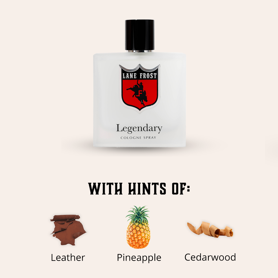 A 3.4 fl oz glass bottle of Legendary by Lane Frost Brand fragrance. The scent is fresh and masculine, featuring top notes of Cashmere Woods, Grapefruit, and Bergamot, mid notes of Lavender, Cardamom, and Pineapple, and dry notes of Cedarwood, Sandalwood, Oakmoss, and White Musk. The bottle is equipped with a spray for easy application.