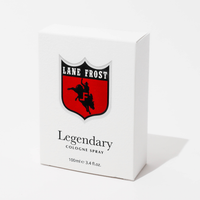 Thumbnail for A 3.4 fl oz glass bottle of Legendary by Lane Frost Brand fragrance. The scent is fresh and masculine, featuring top notes of Cashmere Woods, Grapefruit, and Bergamot, mid notes of Lavender, Cardamom, and Pineapple, and dry notes of Cedarwood, Sandalwood, Oakmoss, and White Musk. The bottle is equipped with a spray for easy application.