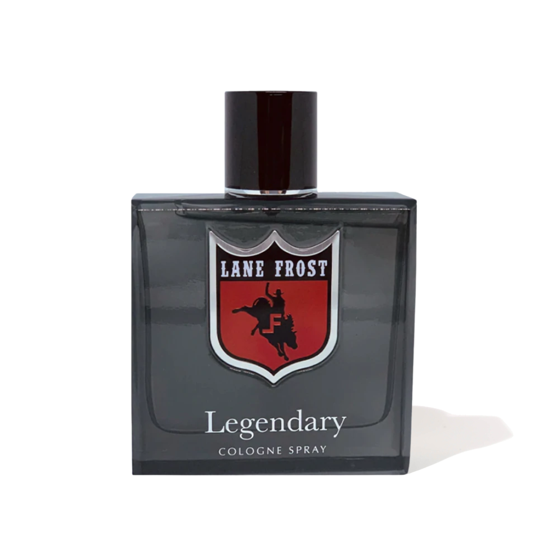 A 3.4 fl oz glass bottle of Legendary by Lane Frost Brand fragrance. The scent is a fresh and clean blend with masculine undertones of leather and cedarwood. Top notes include Cashmere Woods, Grapefruit, and Bergamot, mid notes of Lavender and Cardamom, and dry notes of Cedarwood, Sandalwood, Oakmoss, and White Musk. Ideal for exuding confidence with 2-3 sprays, capturing the spirit of Lane Frost's ring presence.
