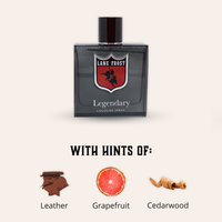 Thumbnail for A 3.4 fl oz glass bottle of Legendary by Lane Frost Brand fragrance. The scent is a fresh and clean blend with masculine undertones of leather and cedarwood. Top notes include Cashmere Woods, Grapefruit, and Bergamot, mid notes of Lavender and Cardamom, and dry notes of Cedarwood, Sandalwood, Oakmoss, and White Musk. Ideal for exuding confidence with 2-3 sprays, capturing the spirit of Lane Frost's ring presence.