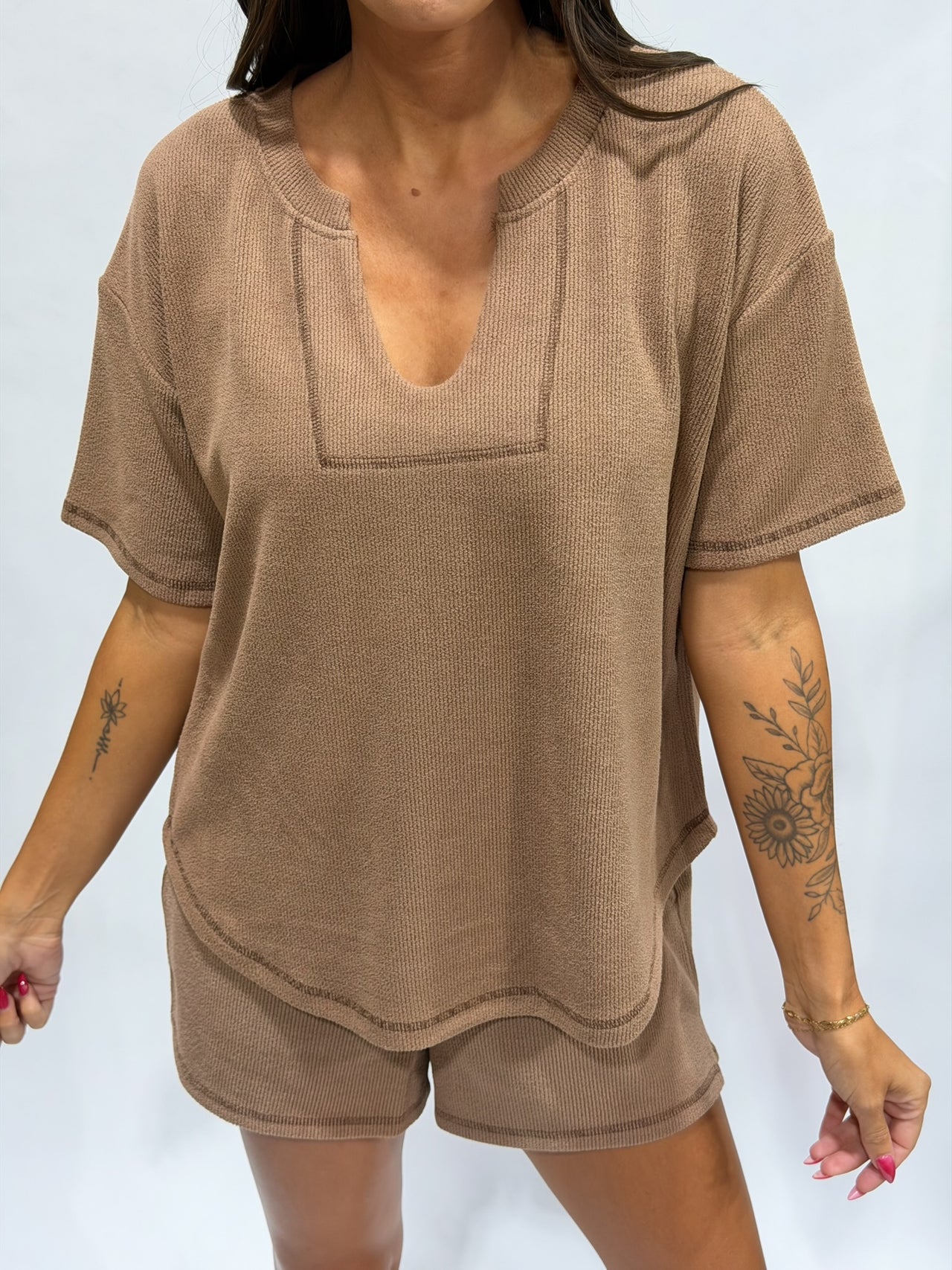 Textured Split-Neck Top – Mocha