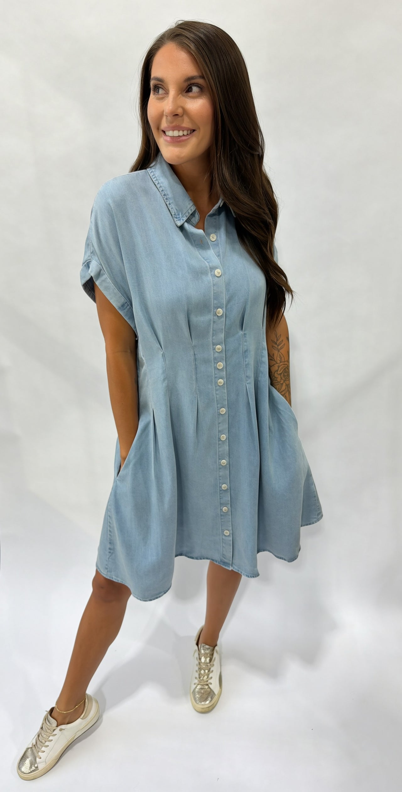 Chambray Pleated Waist Button-Front Mini Dress - Light Denim