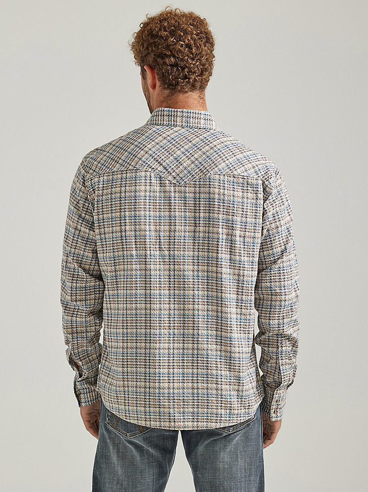Men's Wrangler Retro® Premium Long Sleeve Western Snap Plaid Shirt in Greige Haze