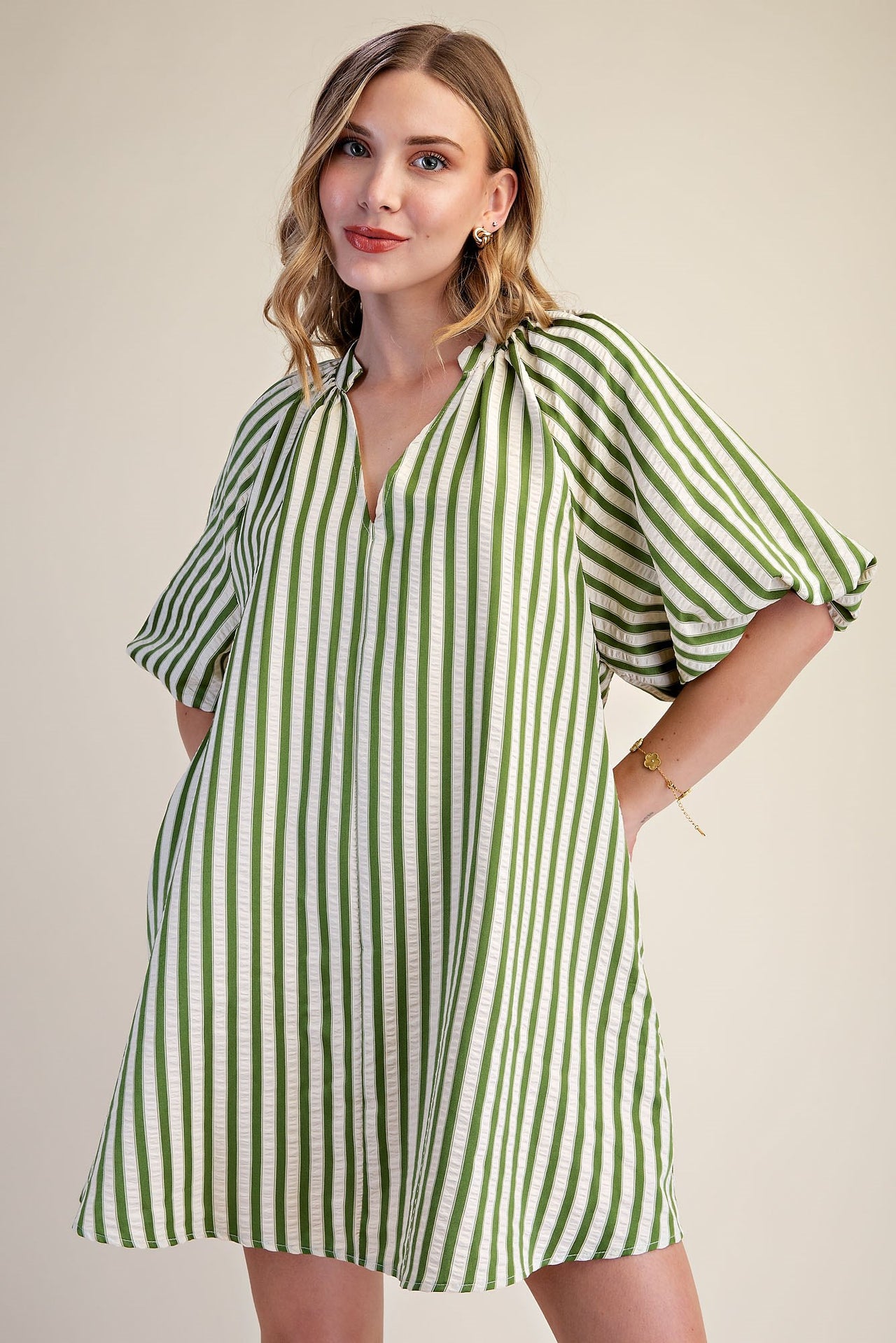 The Marlowe Olive Striped Puff-Sleeve Dress