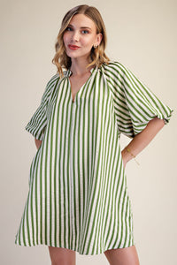 Thumbnail for The Marlowe Olive Striped Puff-Sleeve Dress