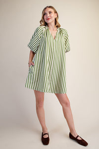 Thumbnail for The Marlowe Olive Striped Puff-Sleeve Dress