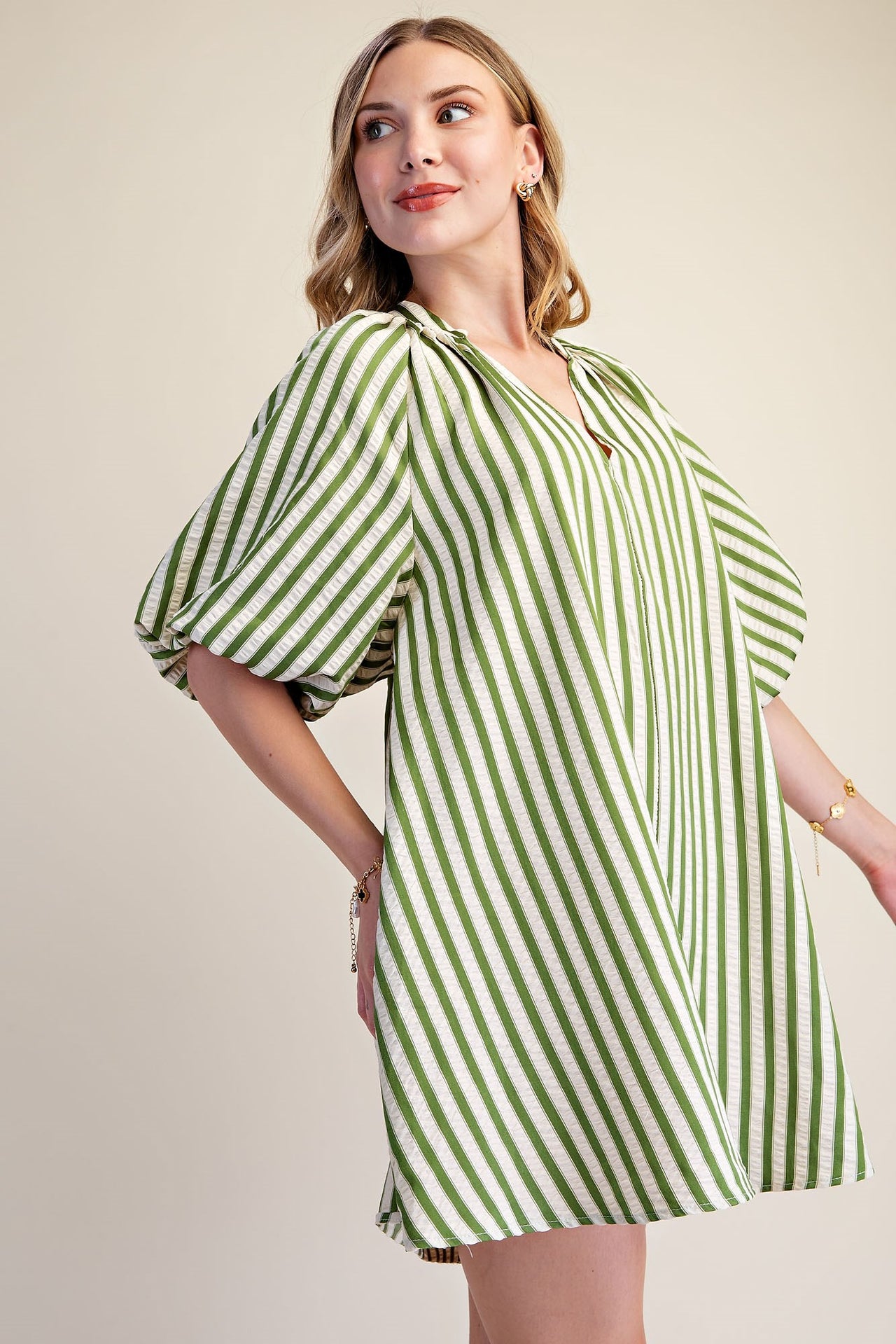 The Marlowe Olive Striped Puff-Sleeve Dress