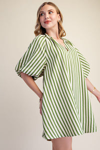 Thumbnail for The Marlowe Olive Striped Puff-Sleeve Dress