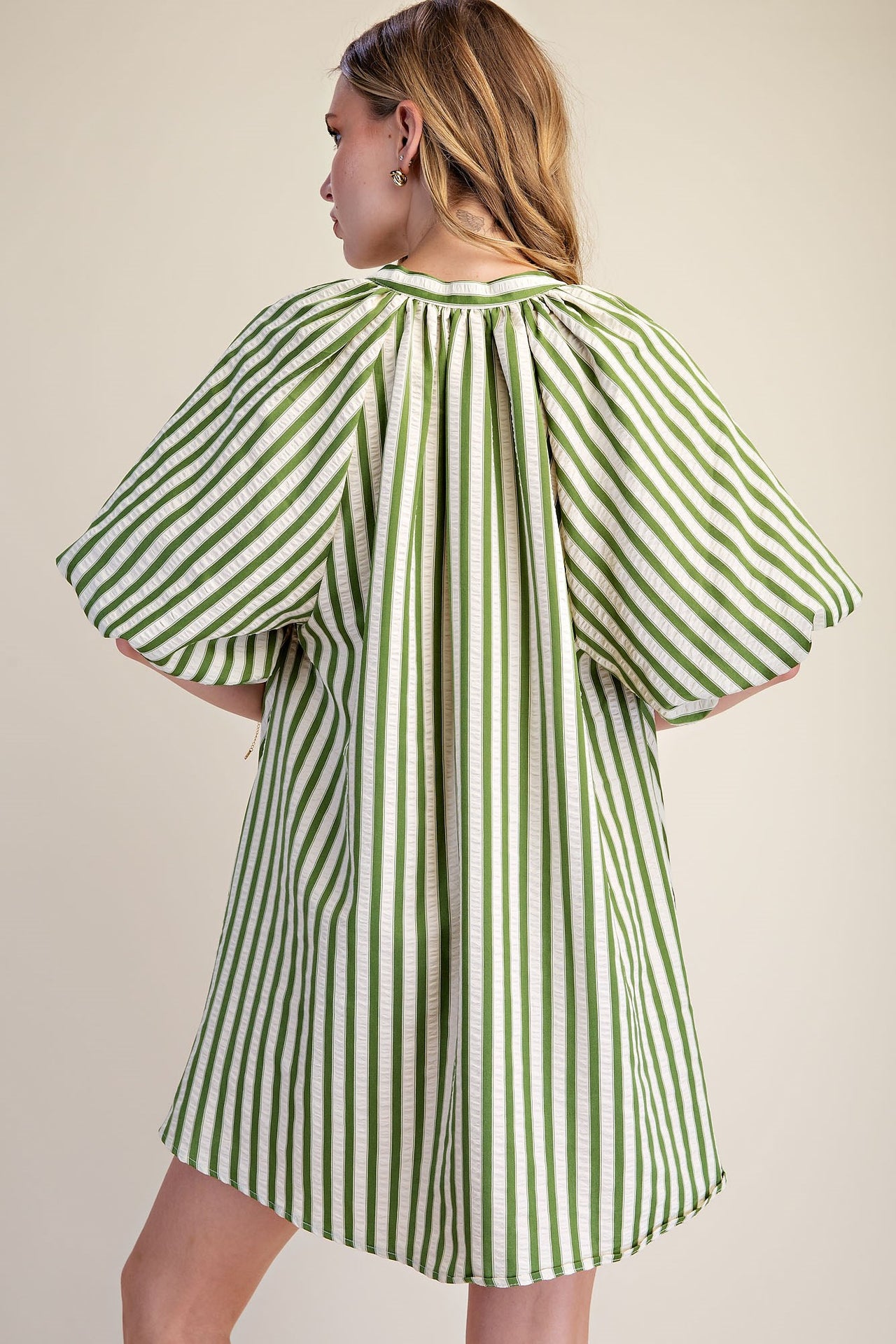 The Marlowe Olive Striped Puff-Sleeve Dress