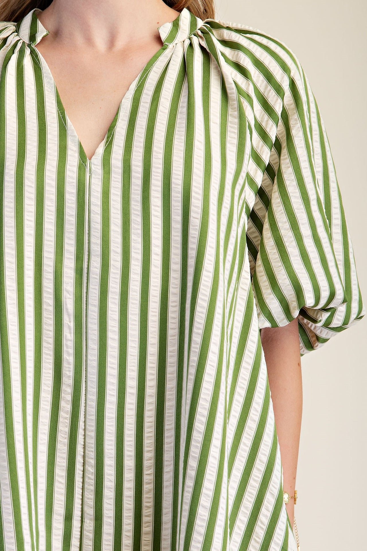 The Marlowe Olive Striped Puff-Sleeve Dress