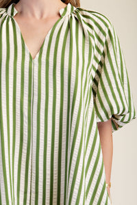 Thumbnail for The Marlowe Olive Striped Puff-Sleeve Dress