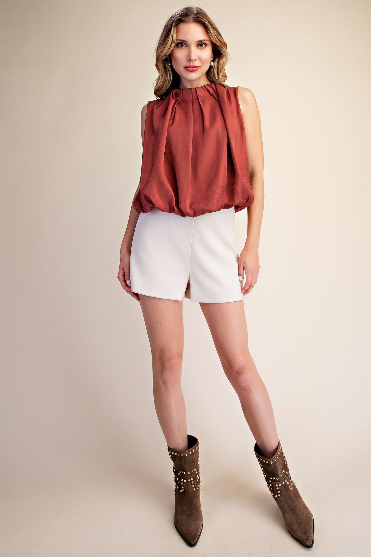The Saylor Pleated Sleeveless Top - Rust