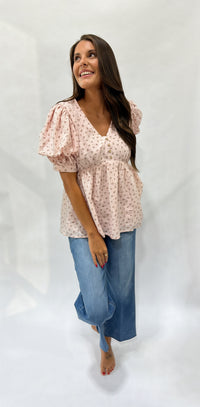 Thumbnail for Floral Puff Sleeve V-Neck Peplum Top - Light Pink