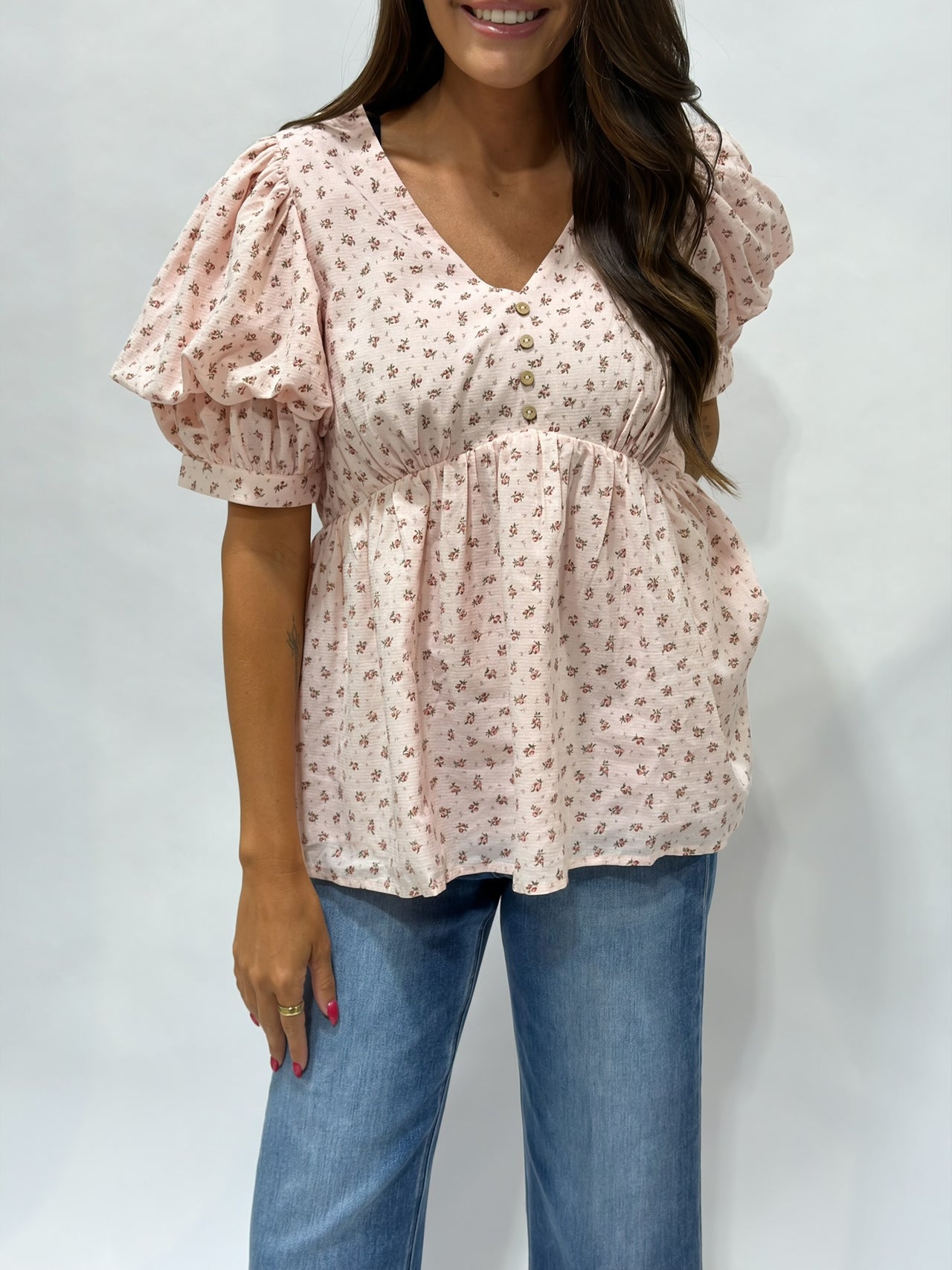 Floral Puff Sleeve V-Neck Peplum Top - Light Pink