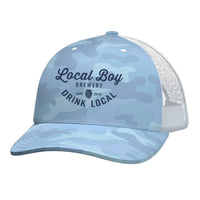 Thumbnail for Light Blue Camo Local Boy Brewery Embroidery Trucker Mesh Snapback Cap