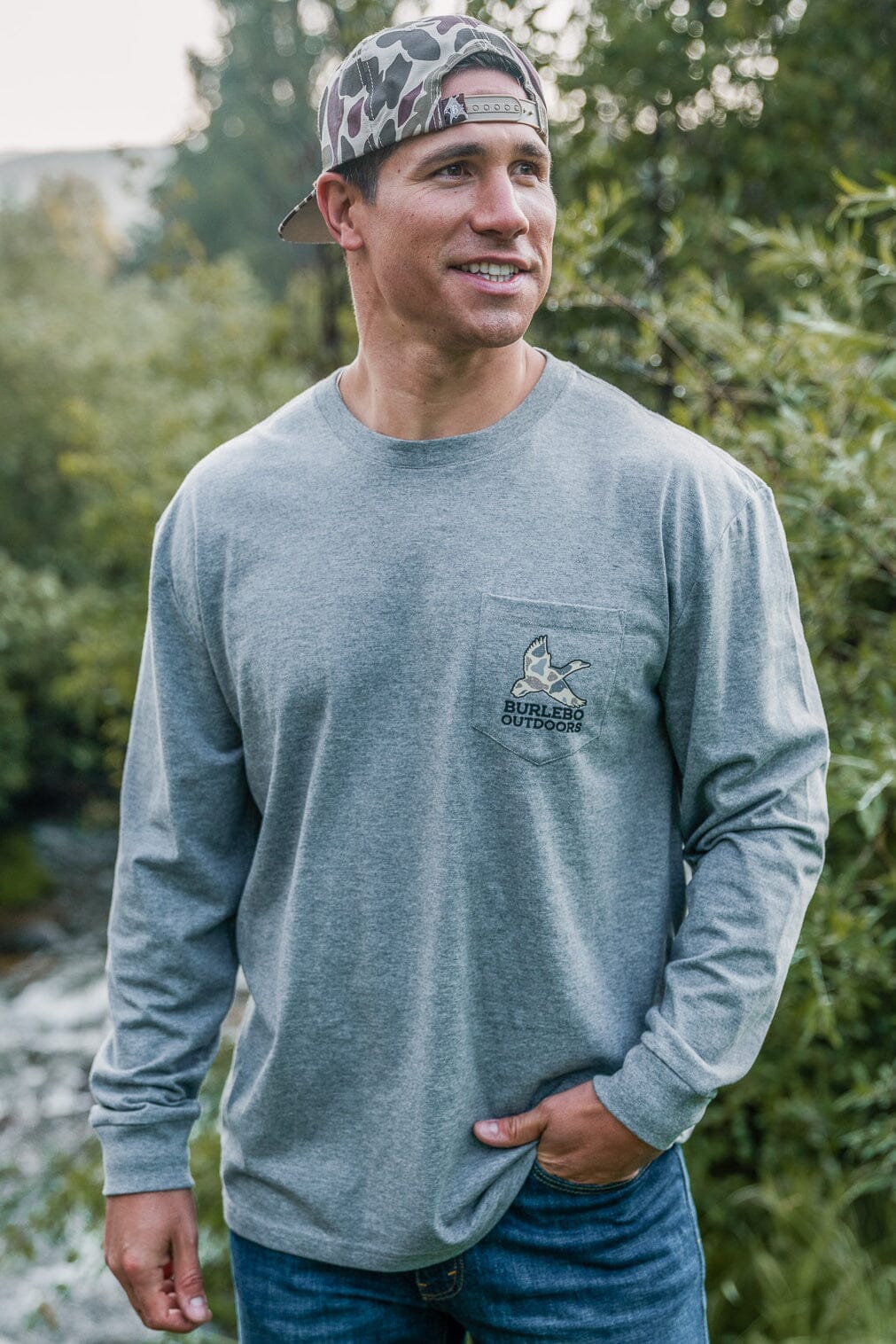 Camo Hunting Dog LS Tee - Dark Heather Grey