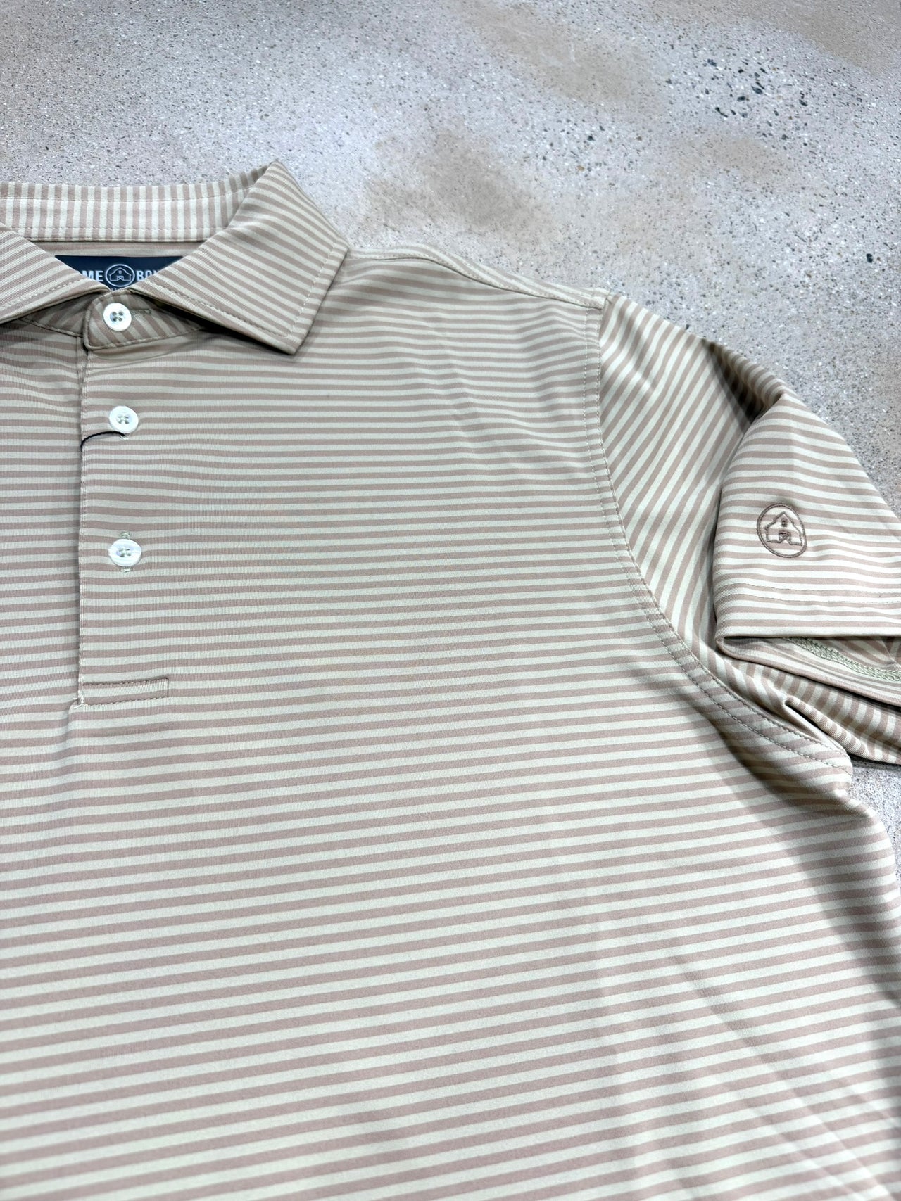 Home Bound Striped Performance Polo - Loden/Khaki