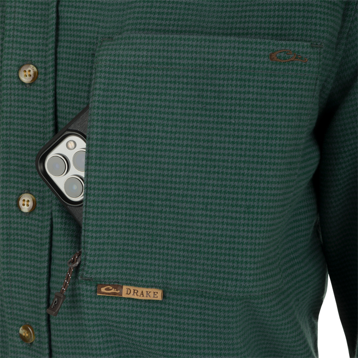 Autumn Brushed Twill Houndtooth LS Shirt - Pine Needle