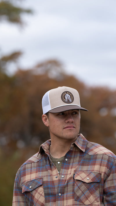 The Quanah Cap - Tan/White with Brown/White Circle Patch