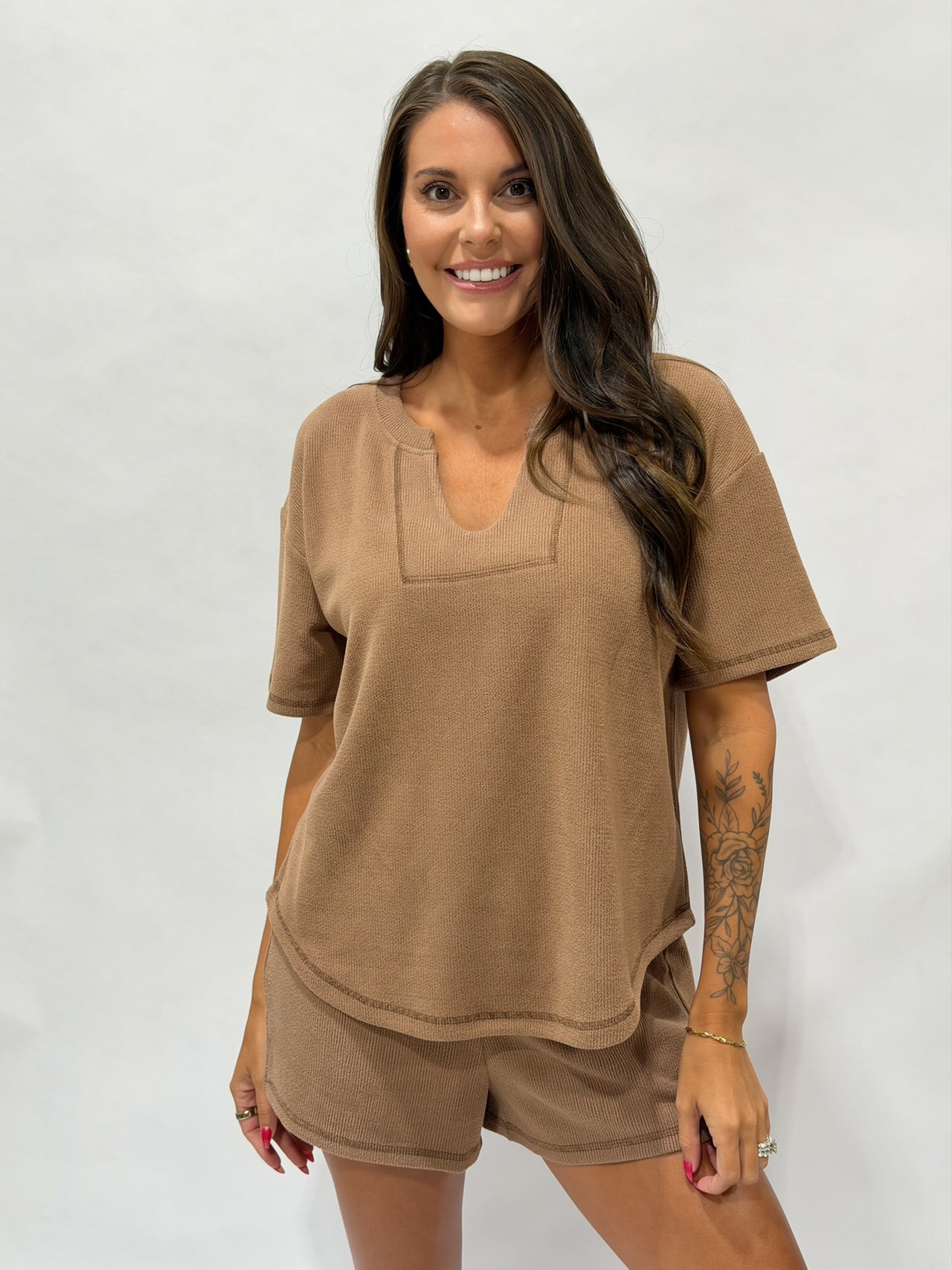 Textured Split-Neck Top – Mocha