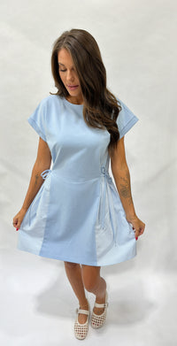 Thumbnail for Contrast Stripe Tie-Waist T-Shirt Dress - Light Blue