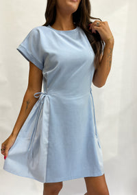 Thumbnail for Contrast Stripe Tie-Waist T-Shirt Dress - Light Blue