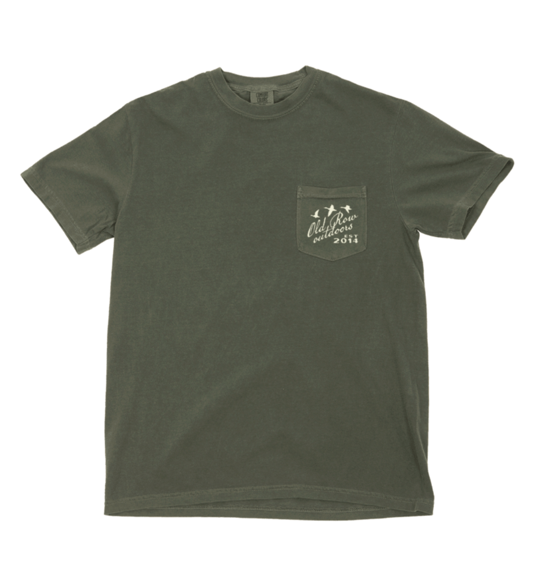 Old Row Five Ducks Short Sleeve T-Shirt in Moss featuring five flying ducks with Old Row Outdoors graphic on the back.