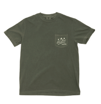 Thumbnail for Old Row Five Ducks Short Sleeve T-Shirt in Moss featuring five flying ducks with Old Row Outdoors graphic on the back.