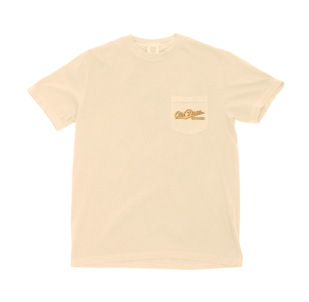 Old Row On The Hunt Short Sleeve T-Shirt in Ivory featuring a duck retriever holding a duck with flying mallards and Old Row Outdoors graphic on the back.