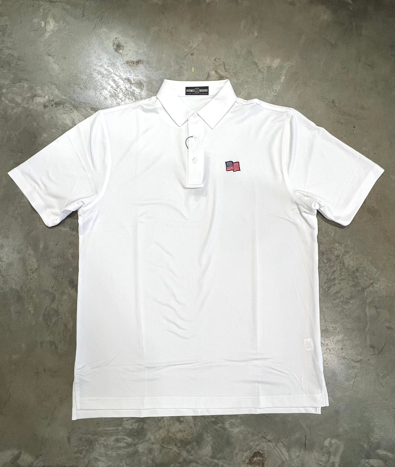 All White Performance Polo with Embroidered American Flag