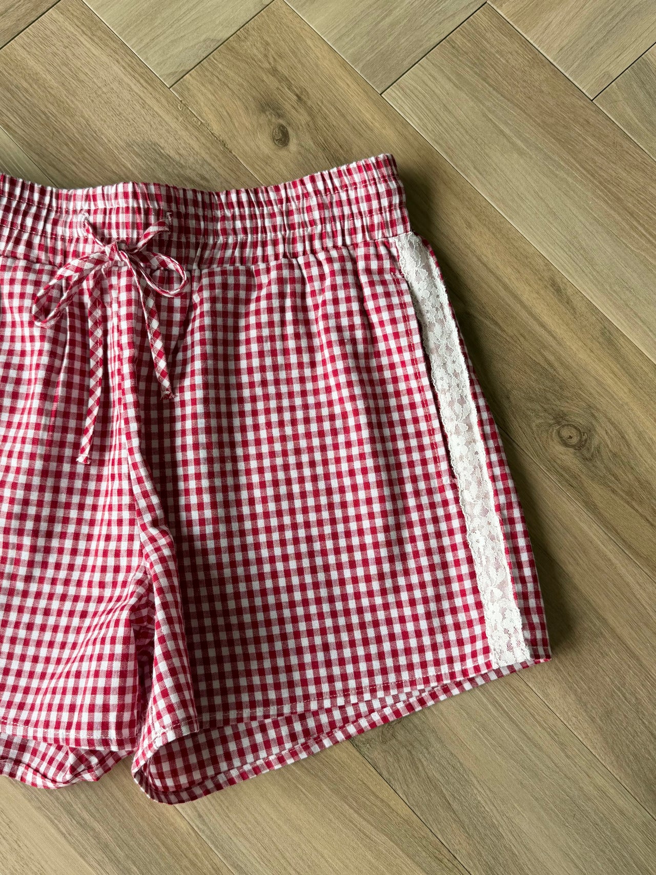Red Gingham Shorts with Lace Detail