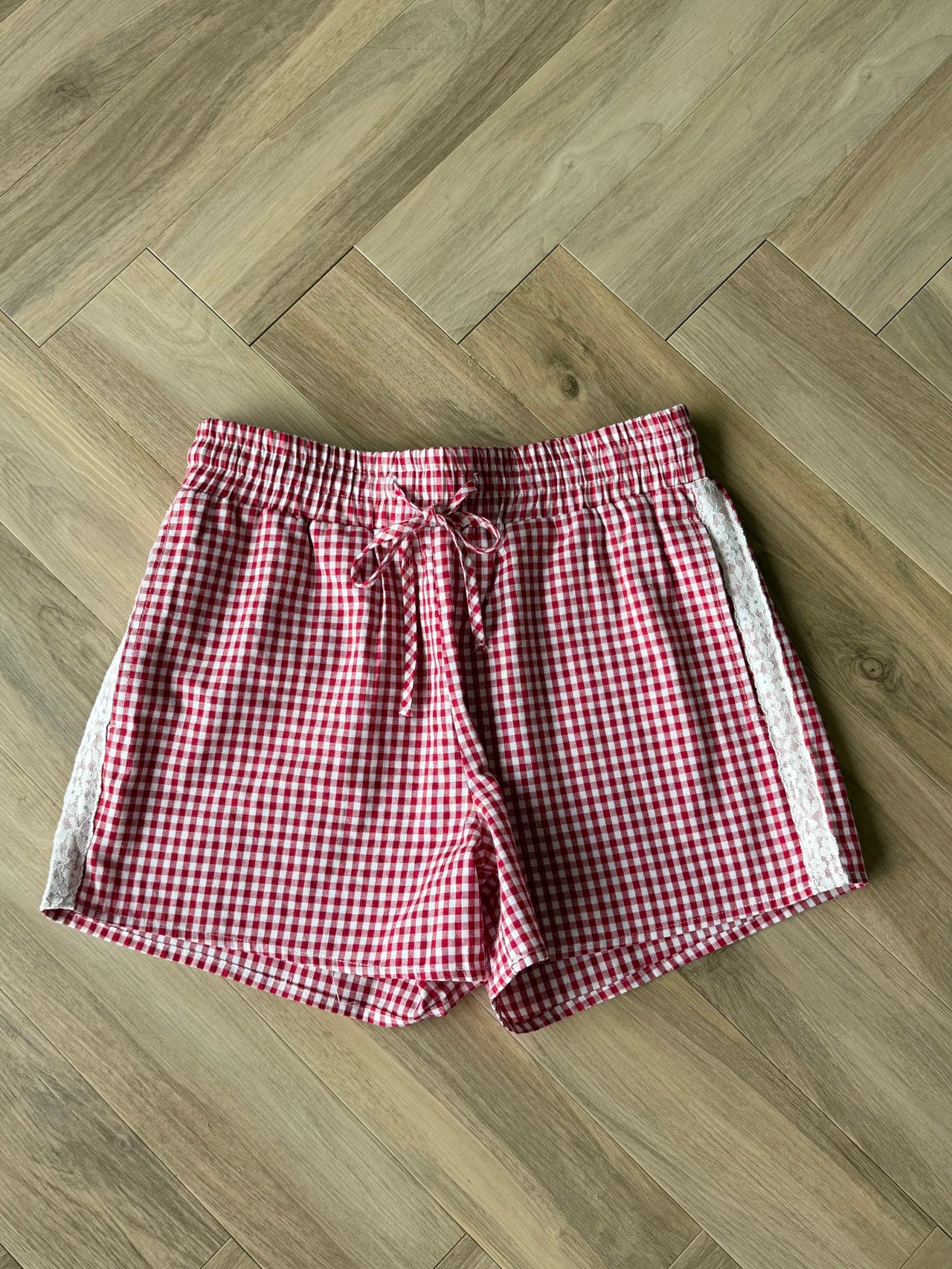Red Gingham Shorts with Lace Detail