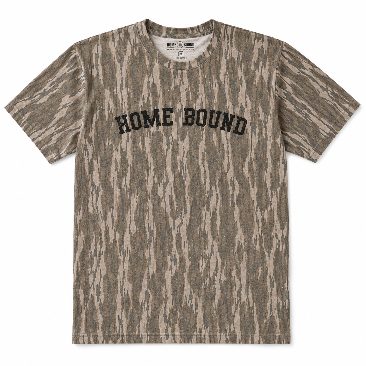 Home Bound Originals Bottomland camouflage graphic t-shirt with distressed Home Bound logo across the chest.