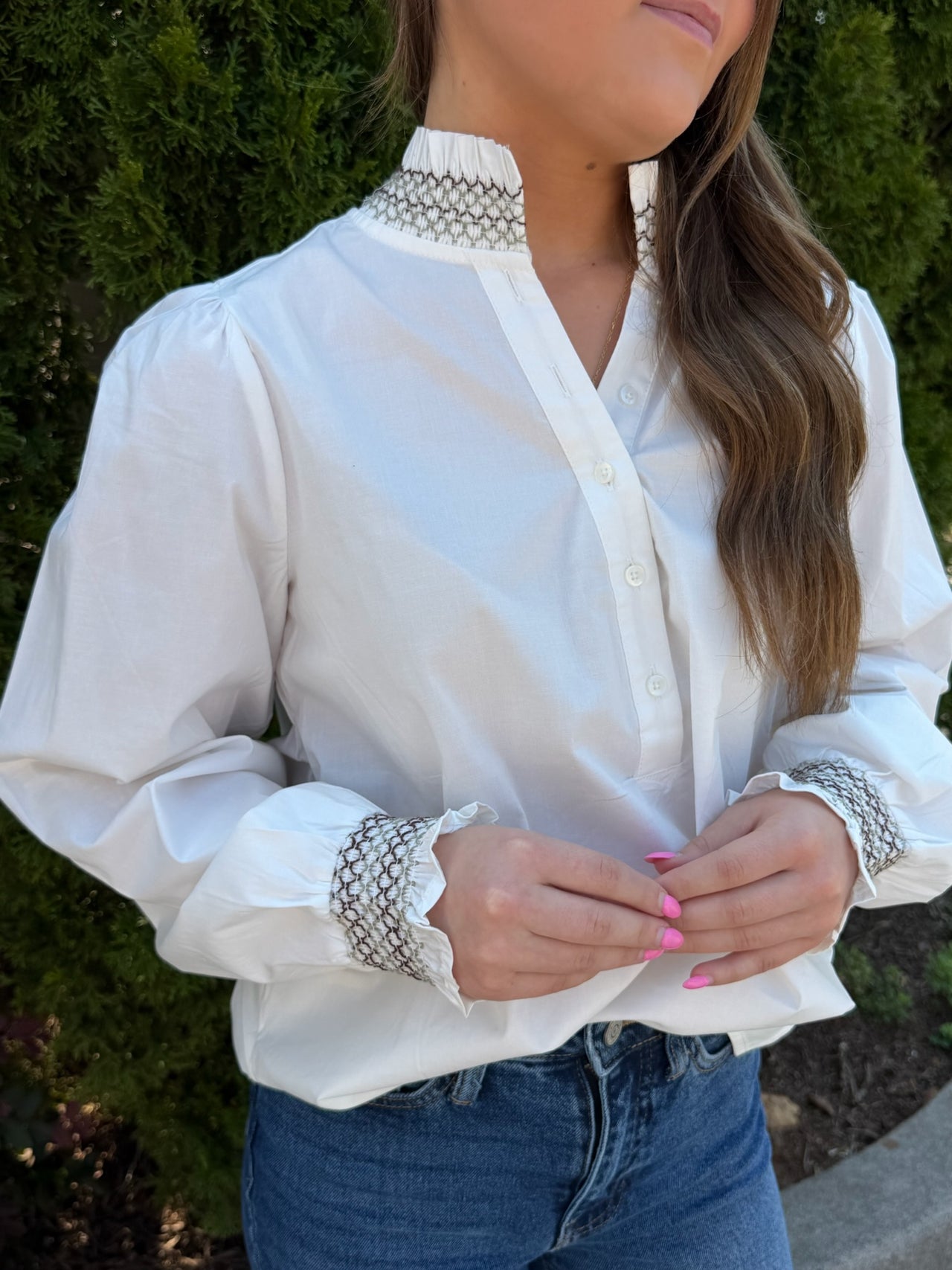 Mary Square Kimberly Ruffle Neck Button Front Top - Ivory