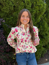 Thumbnail for Mary Square Kimberly Floral Ruffle Neck Top - Mistflower Pink
