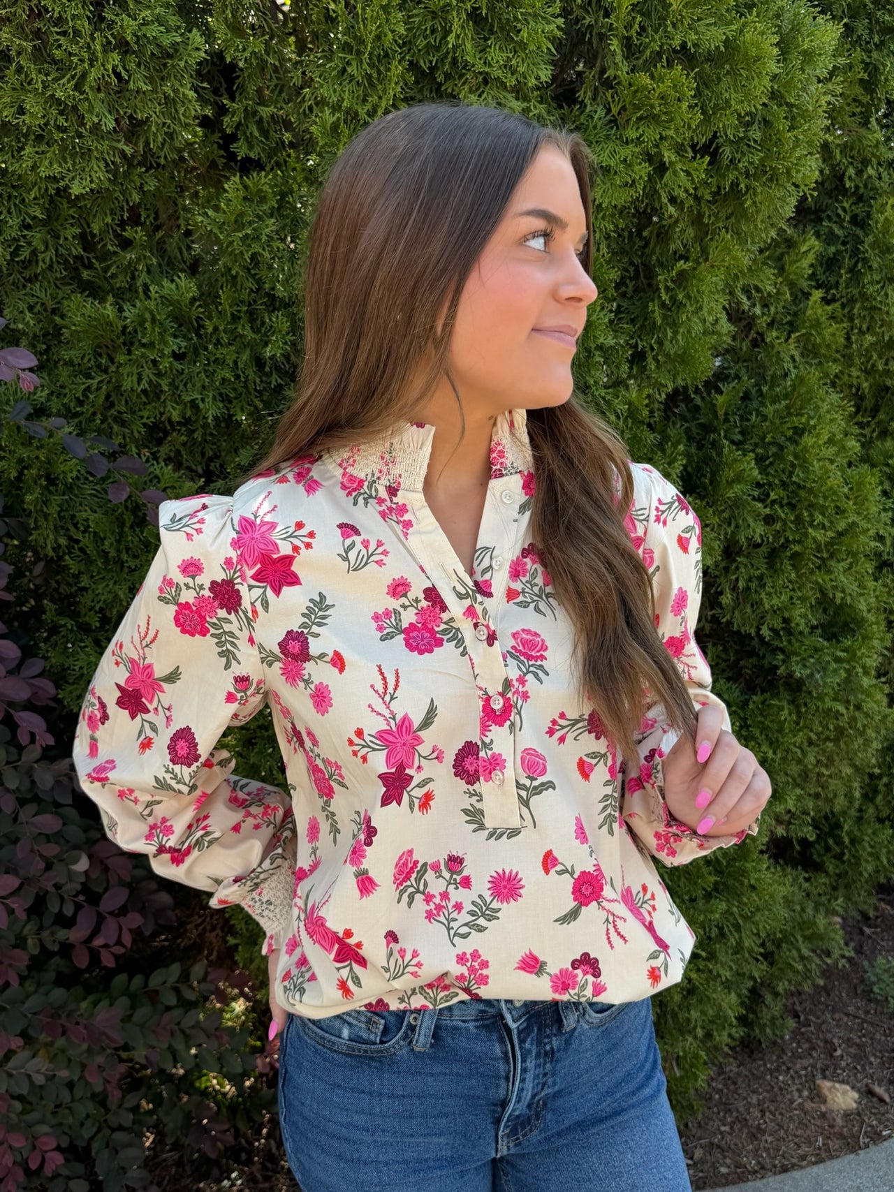 Mary Square Kimberly Floral Ruffle Neck Top - Mistflower Pink