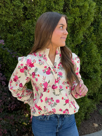 Thumbnail for Mary Square Kimberly Floral Ruffle Neck Top - Mistflower Pink