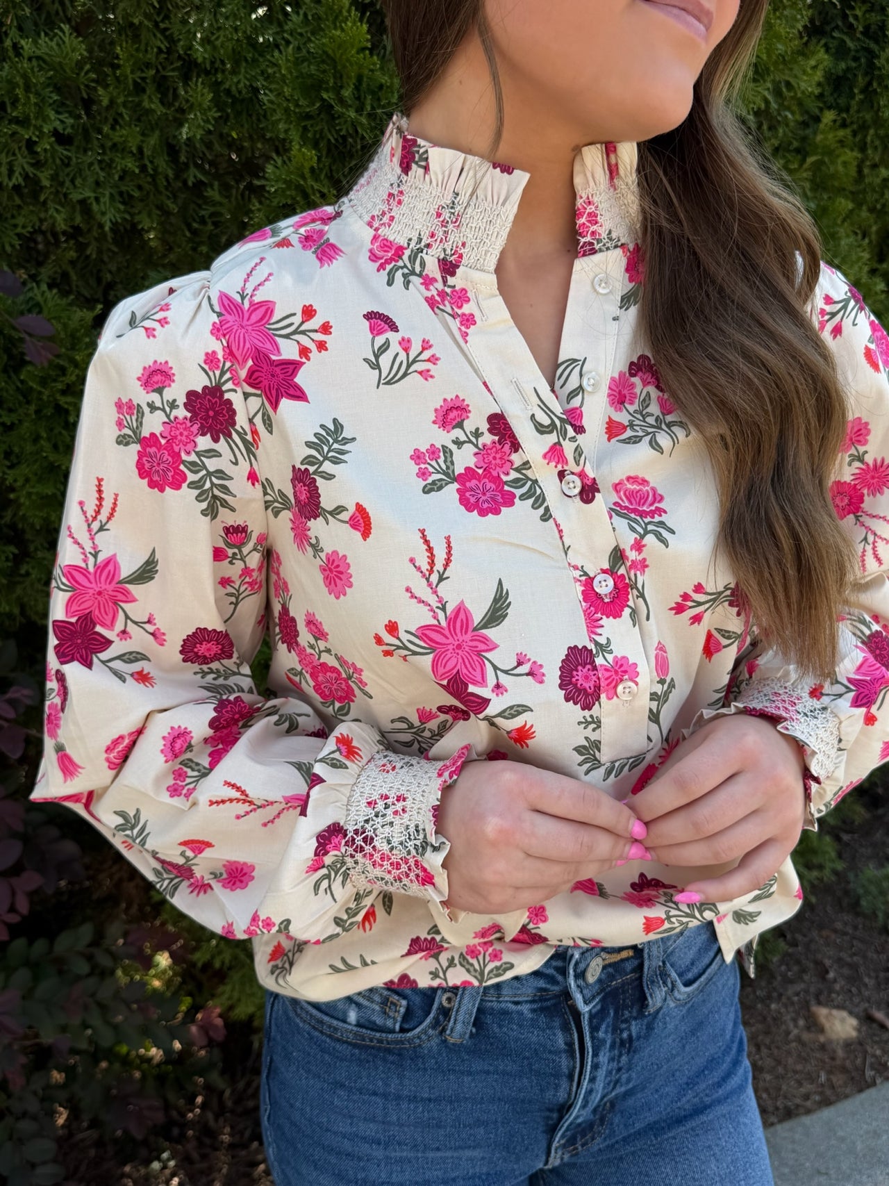 Mary Square Kimberly Floral Ruffle Neck Top - Mistflower Pink
