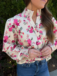 Thumbnail for Mary Square Kimberly Floral Ruffle Neck Top - Mistflower Pink
