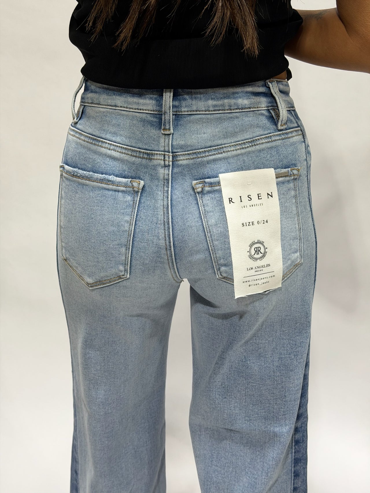 Risen High Rise Ankle Wide Leg Side Contrast Jeans - Light Wash