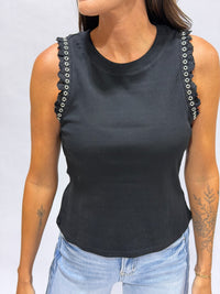 Thumbnail for Grommet Ruffle Sleeve Tank Top - Black