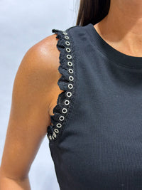 Thumbnail for Grommet Ruffle Sleeve Tank Top - Black