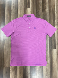Thumbnail for Home Bound Apparel Original Azalea Pink Performance Polo with Thin Cobalt Blue Stripes on a model showcasing vibrant style and comfortable fit for active lifestyles.