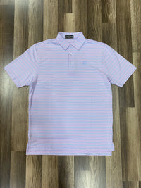 Thumbnail for Lilac Striped Performance Polo with Periwinkle and white stripes, 95% Polyester 5% Spandex, open sleeve, self-tailored collar. Ideal for golf, work, or date night.