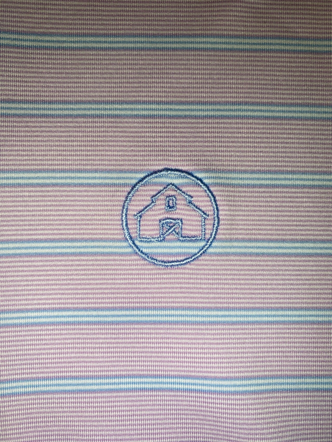 Lilac Striped Performance Polo with Periwinkle and white stripes, 95% Polyester 5% Spandex, open sleeve, self-tailored collar. Ideal for golf, work, or date night.